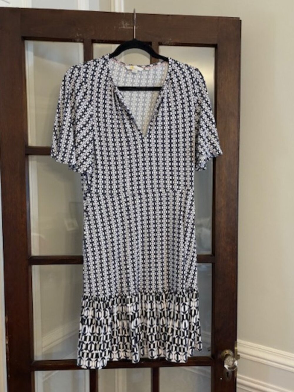 Boden Navy Geometric Print Dress with Tiered Skirt, Size 6